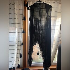 Acid wash tassel vest/long sleeveless cardigan